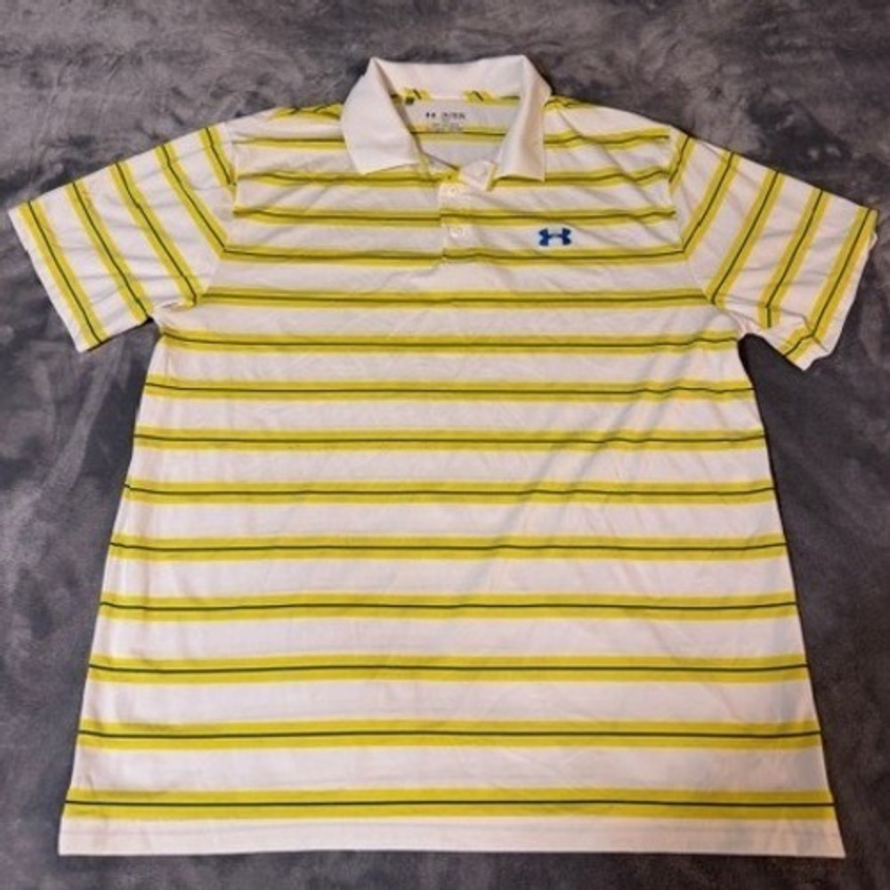 Under Armour Mens HeatGear Loose Striped Polo Shirt White Yellow Blue 2XL 4947
